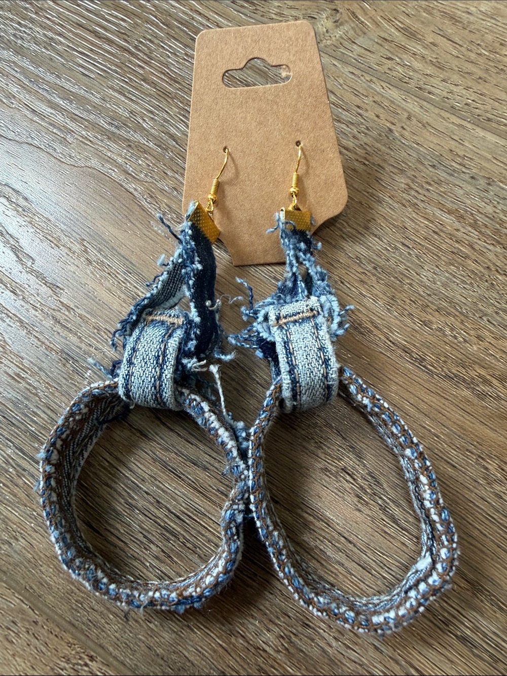 Gold-Accent Fringed Denim Loop Earrings - Blue